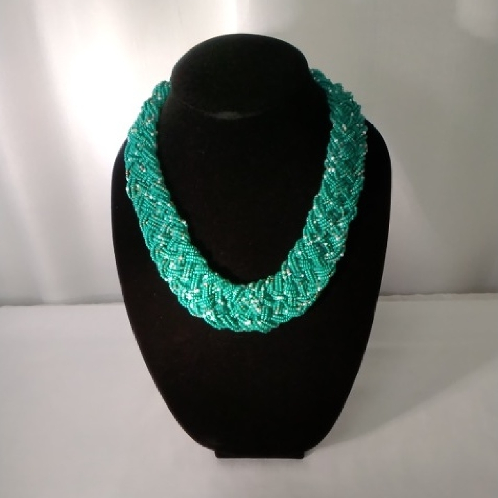 Vibrant Blue Green Woven Beaded Necklace